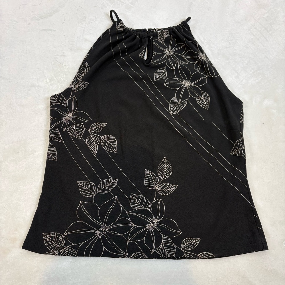 Vintage 90s Loft Embroidered Floral Tank Top Black & Ivory Size XSP Petite